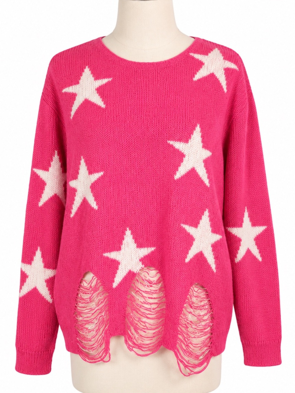 Zenana Womens Hot Pink‎ Star Distressed Knit Sweater Long Sleeve Pullover Medium